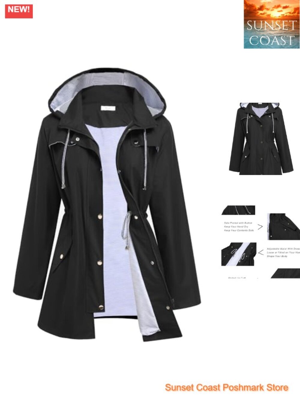 Women Waterproof Lightweight Lined Raincoat Trench Hooded Jacket